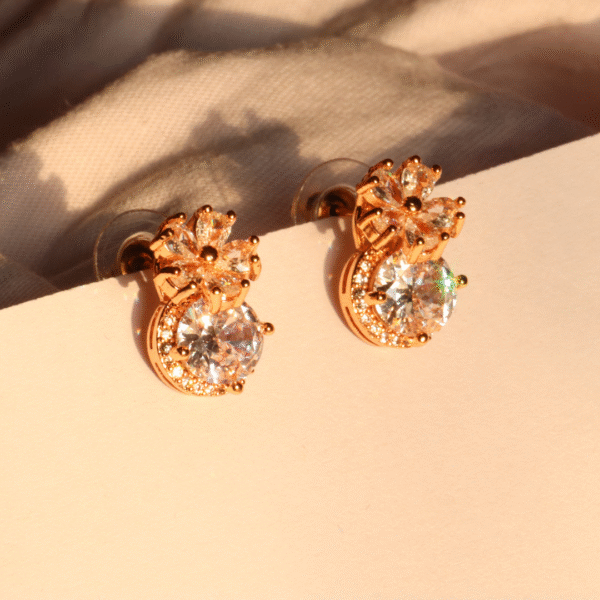 Floral American Diamond Stud Earrings with Gold Finish - Image 3