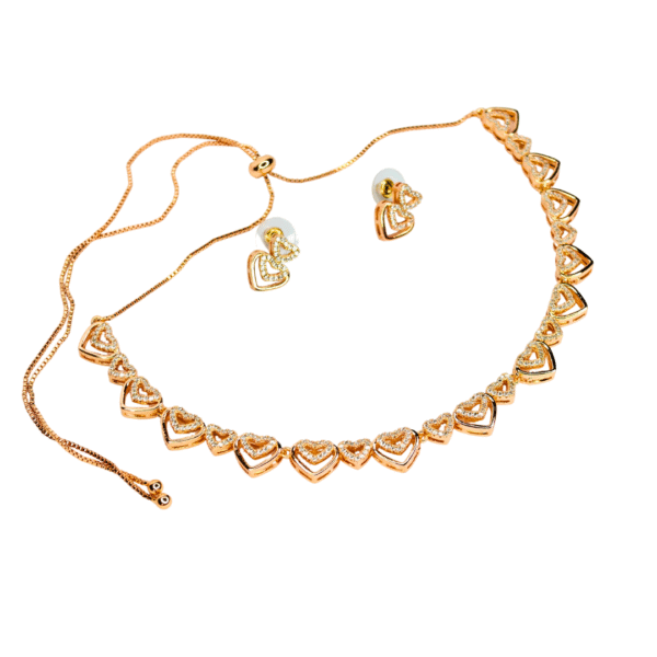 Rose Gold Toned Heart Design American Diamond Necklace Set - Image 4