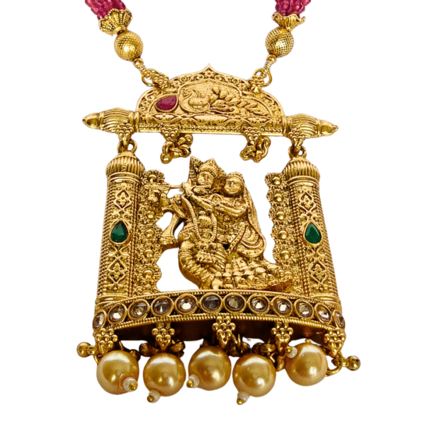 Radha Krishna Temple Long Necklace Set with Multilayer Beads - Image 4