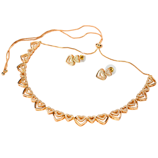 Rose Gold Toned Heart Design American Diamond Necklace Set - Image 5