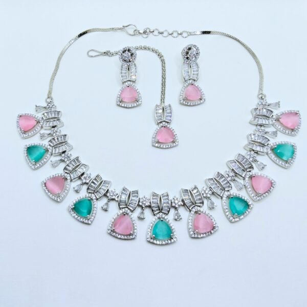 American Diamond Necklace Set with Pink & Aqua Green Stones - Image 3