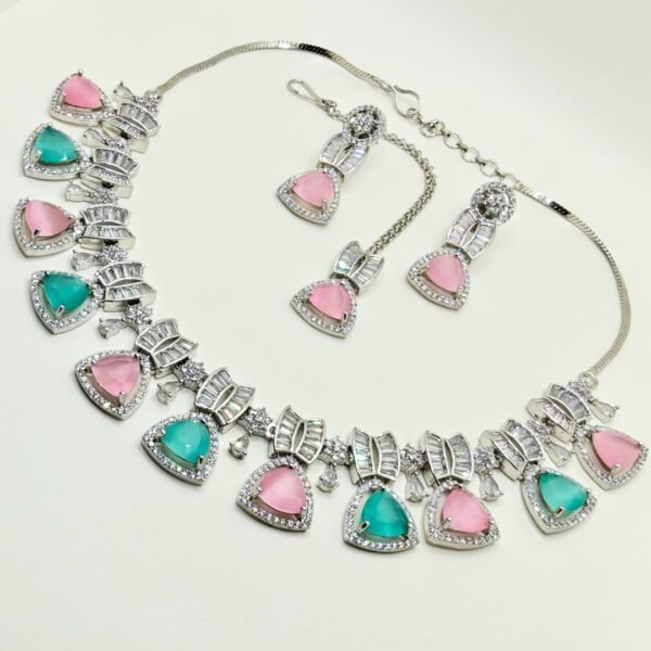 American Diamond Necklace Set with Pink & Aqua Green Stones - Image 4