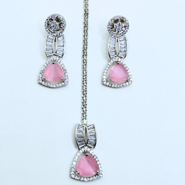 American Diamond Necklace Set with Pink & Aqua Green Stones - Image 5