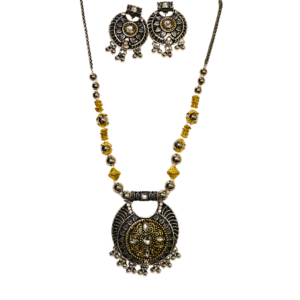 Oxidized Gold-Silver Bead Necklace Set with Antique Pendant