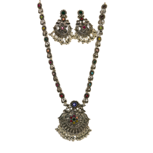 Multicolour Stone Oxidized Necklace Set with Floral Carving