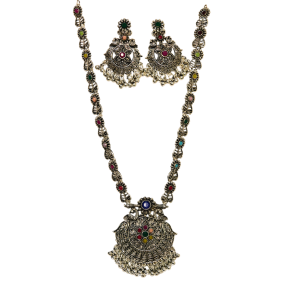 Multicolour Stone Oxidized Necklace Set with Floral Carving