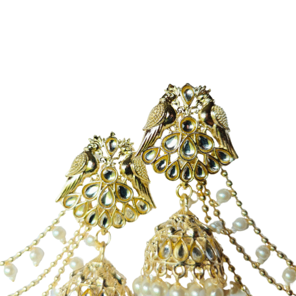 Peacock Design Jhumka Earrings with Multi-Layered Ear Chains - Image 2