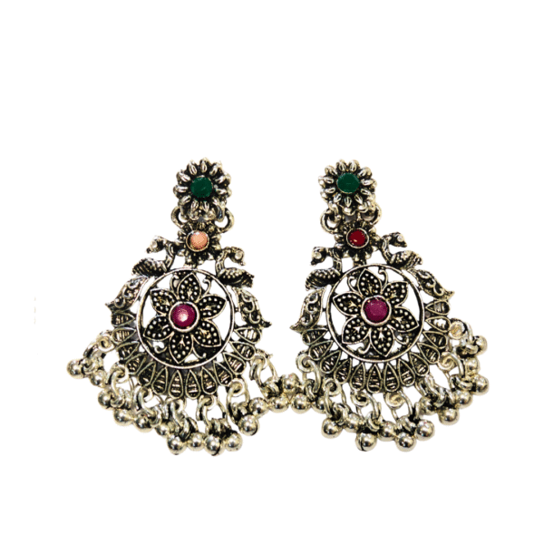 Multicolour Stone Oxidized Necklace Set with Floral Carving - Image 2