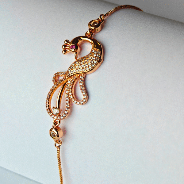 Peacock Motif CZ Gold-Plated Slider Chain Bracelet - Image 3