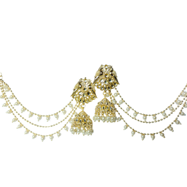 Peacock Design Jhumka Earrings with Multi-Layered Ear Chains - Image 3