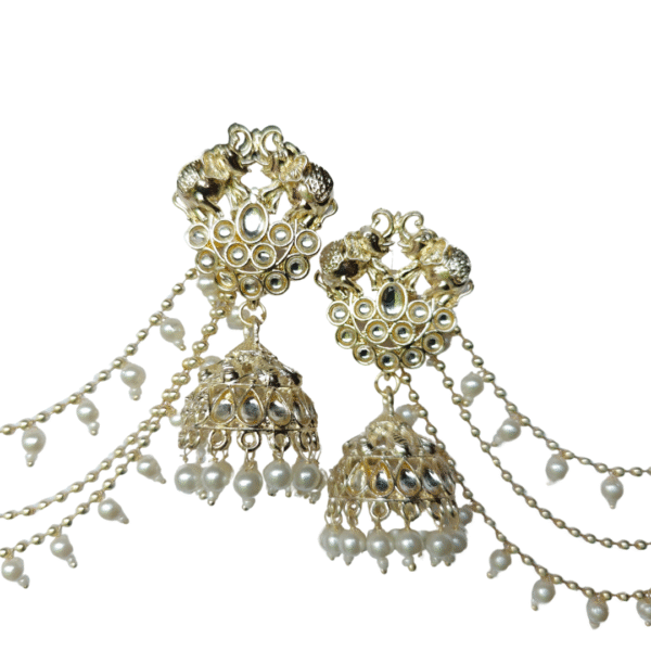 Elephant Design Jhumka Earrings with Multilayered Ear Chains - Image 3