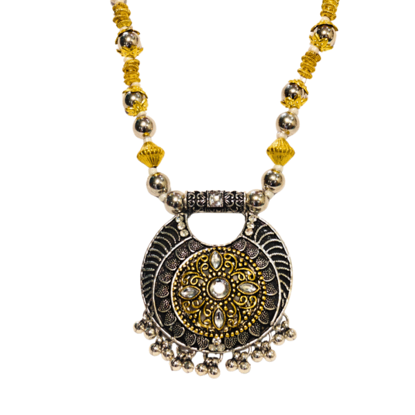Oxidized Gold-Silver Bead Necklace Set with Antique Pendant - Image 3