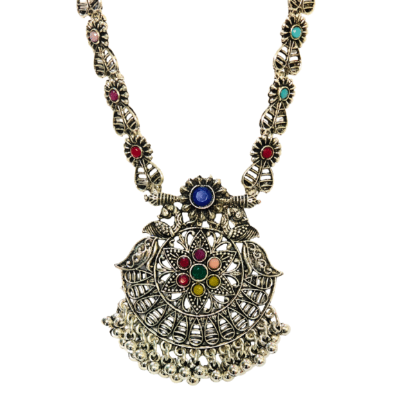 Multicolour Stone Oxidized Necklace Set with Floral Carving - Image 3
