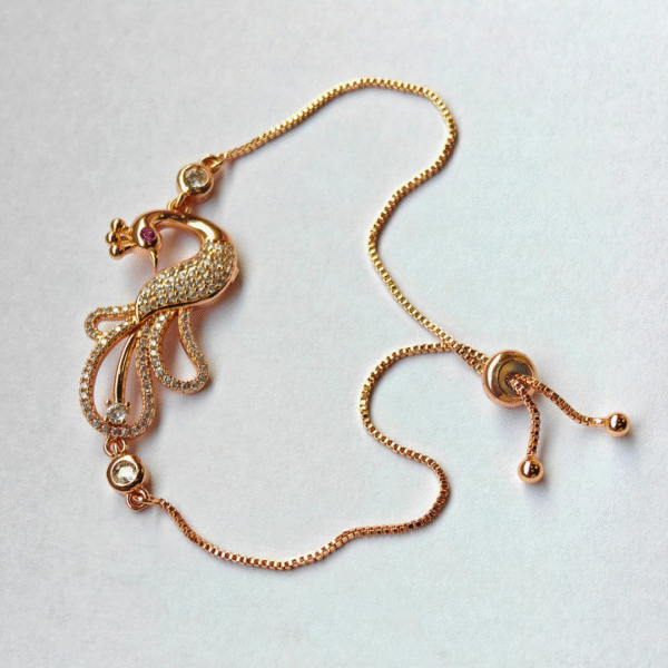 Peacock Motif CZ Gold-Plated Slider Chain Bracelet - Image 4