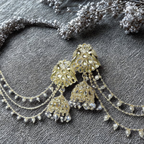 Peacock Design Jhumka Earrings with Multi-Layered Ear Chains - Image 4