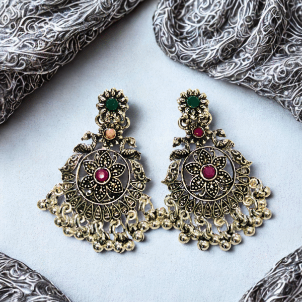 Multicolour Stone Oxidized Necklace Set with Floral Carving - Image 5