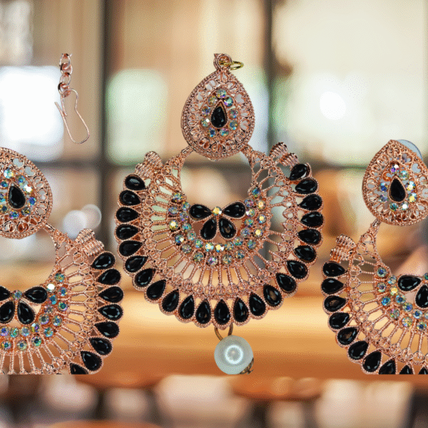 Black & Rose Gold Toned Maang-Tika & Earring Set - Image 2