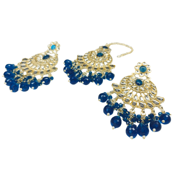 Royal Blue Kundan Maang-Tika & Chandbali Earrings Set - Image 2