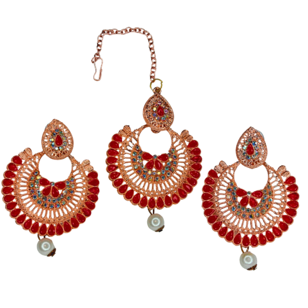 Red & Gold-Toned Bridal Maang-Tika Set with Earrings