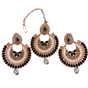Black & Rose Gold Toned Maang-Tika & Earring Set