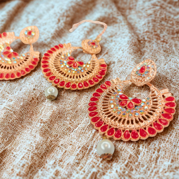 Red & Gold-Toned Bridal Maang-Tika Set with Earrings - Image 2