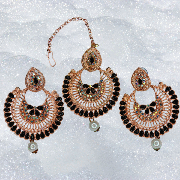 Black & Rose Gold Toned Maang-Tika & Earring Set - Image 3