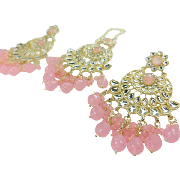 Baby Pink Kundan Maang-Tika & Chandbali Earrings Set - Image 3