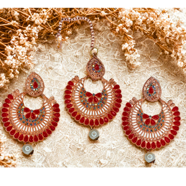 Red & Gold-Toned Bridal Maang-Tika Set with Earrings - Image 3