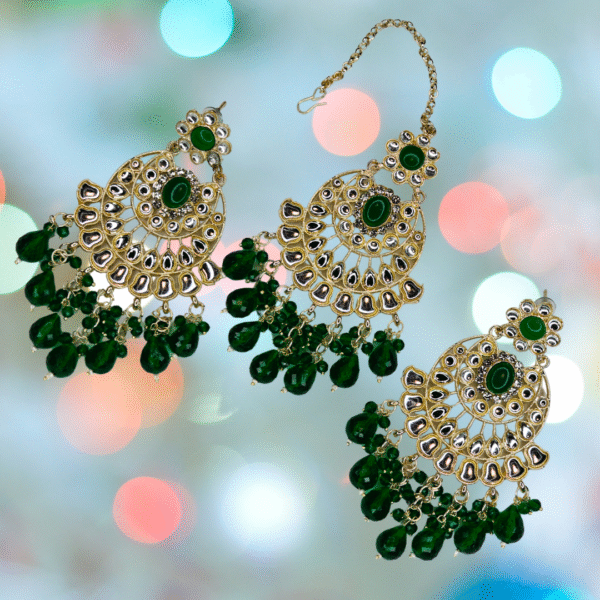 Royal Green Kundan Maang-Tika & Chandbali Earrings Set - Image 6