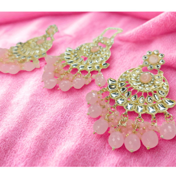 Baby Pink Kundan Maang-Tika & Chandbali Earrings Set - Image 6