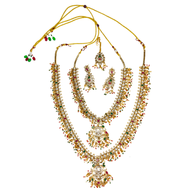 Gold-Plated Long-Short Necklace Set with Earrings-Maang Tika - Image 8