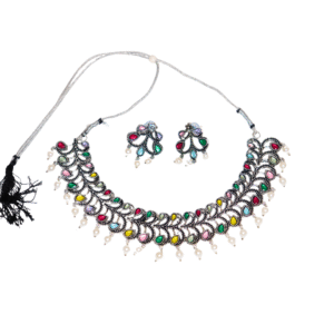 Antique Pearl Drop Multicolor Oxidized Silver Necklace Set