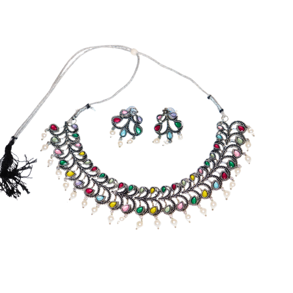 Antique Pearl Drop Multicolor Oxidized Silver Necklace Set