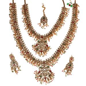 Gold-Plated Long-Short Necklace Set with Earrings-Maang Tika
