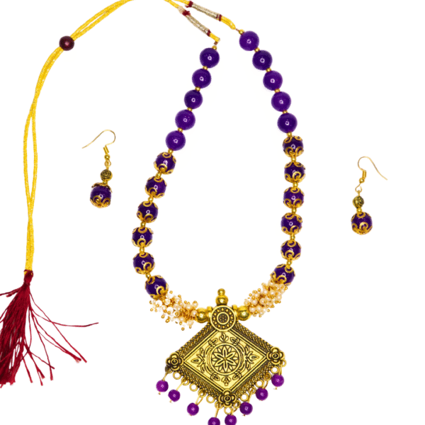 Purple Beaded Necklace & Earrings – Pendant & Pearl Accents