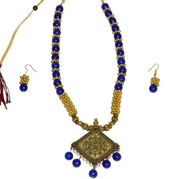 Blue Beaded Necklace Set with Antique Pendant & Earrings