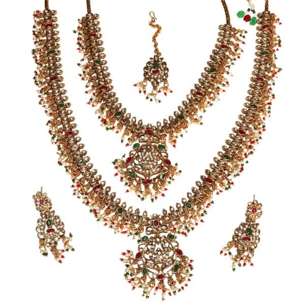 Gold-Plated Long-Short Necklace Set with Earrings-Maang Tika