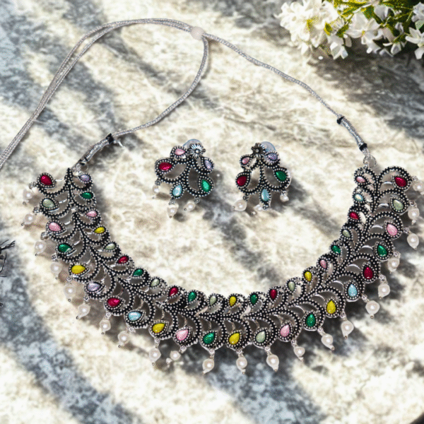Antique Pearl Drop Multicolor Oxidized Silver Necklace Set - Image 2