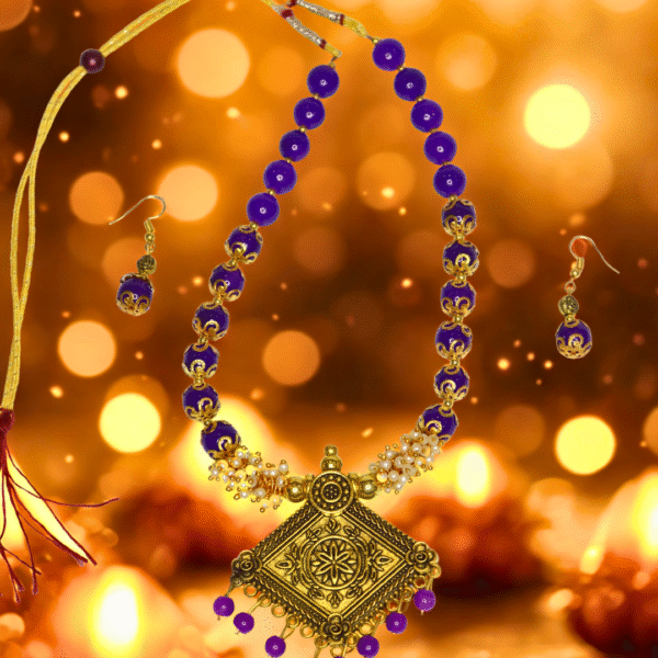 Purple Beaded Necklace & Earrings – Pendant & Pearl Accents - Image 2