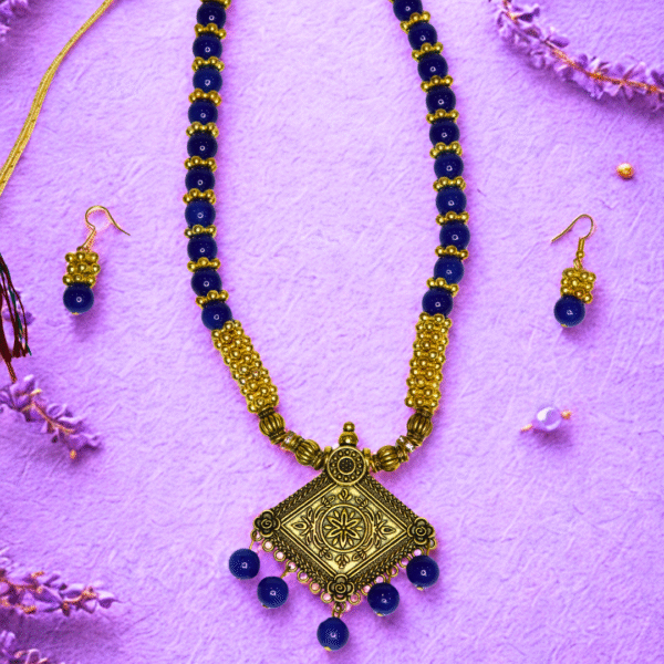 Blue Beaded Necklace Set with Antique Pendant & Earrings - Image 6