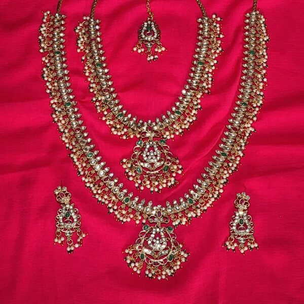 Gold-Plated Long-Short Necklace Set with Earrings-Maang Tika - Image 12