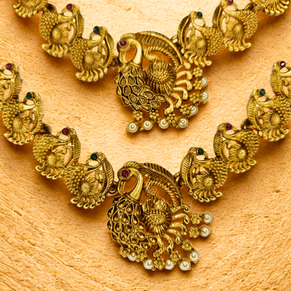 Gold-Tone Peacock Necklace Set with Earrings & Maang Tikka - Image 2