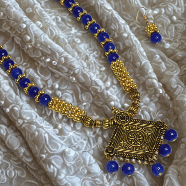 Blue Beaded Necklace Set with Antique Pendant & Earrings - Image 5