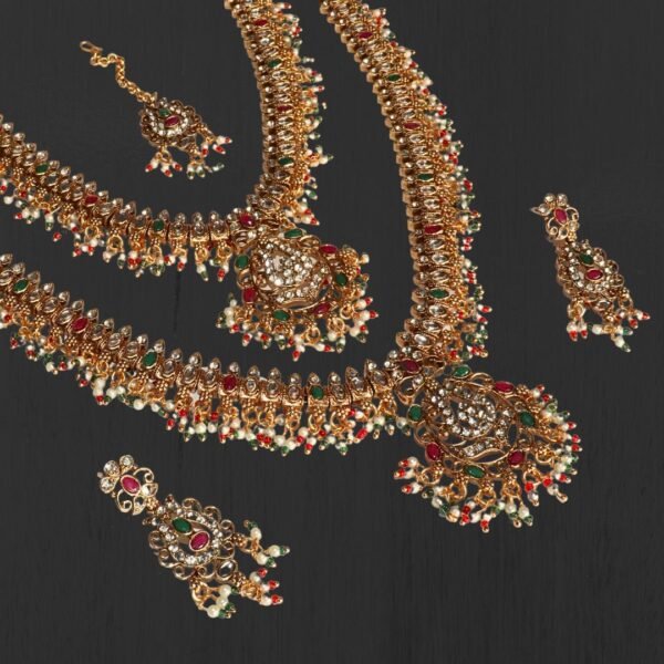 Gold-Plated Long-Short Necklace Set with Earrings-Maang Tika - Image 11