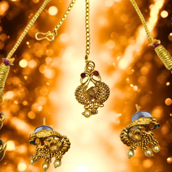 Gold-Tone Peacock Necklace Set with Earrings & Maang Tikka - Image 3
