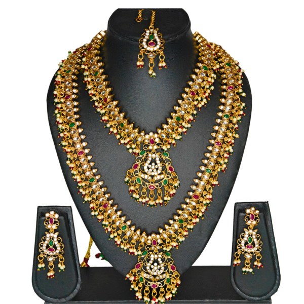 Gold-Plated Long-Short Necklace Set with Earrings-Maang Tika - Image 5