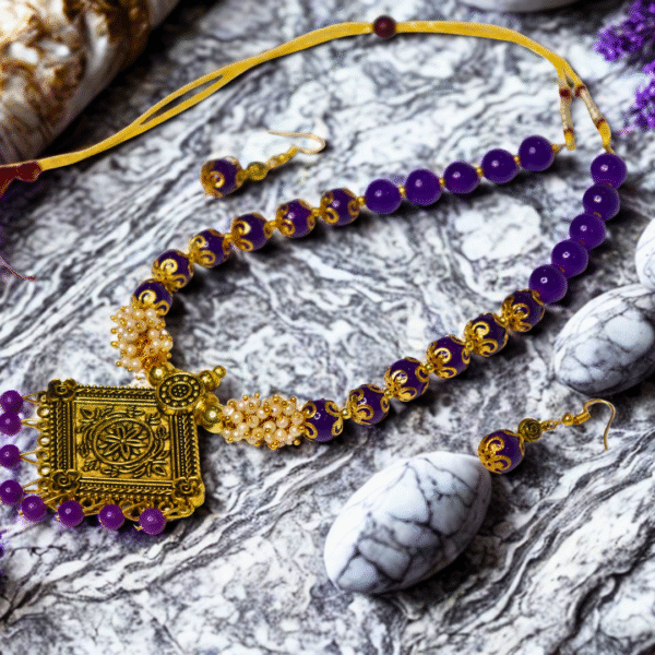 Purple Beaded Necklace & Earrings – Pendant & Pearl Accents - Image 4