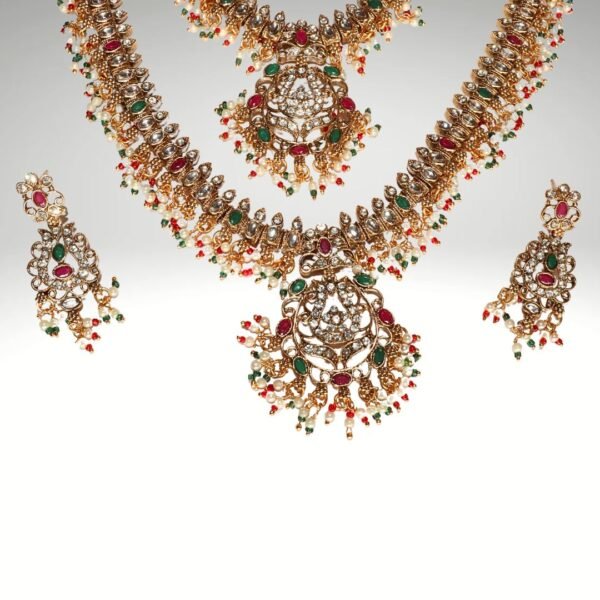 Gold-Plated Long-Short Necklace Set with Earrings-Maang Tika - Image 10