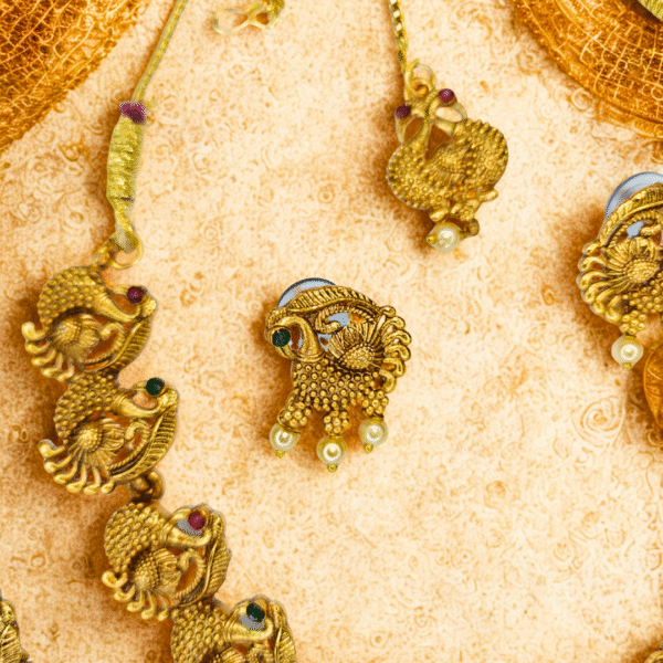 Gold-Tone Peacock Necklace Set with Earrings & Maang Tikka - Image 4