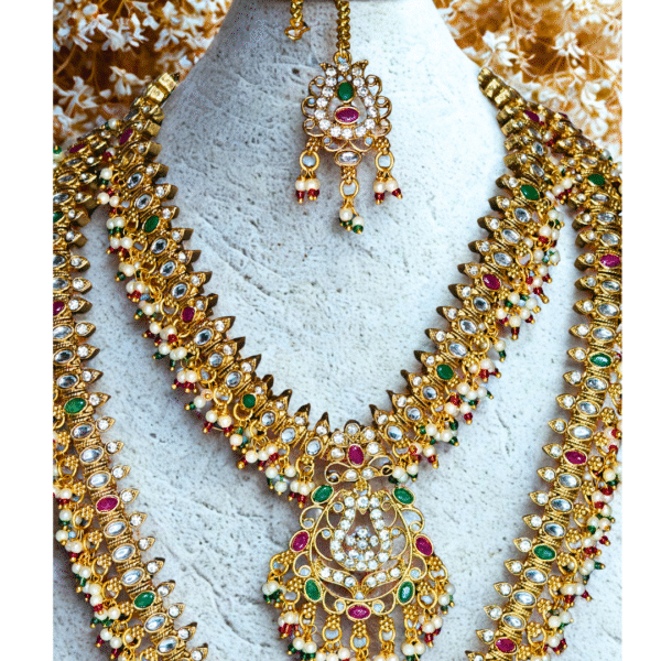 Gold-Plated Long-Short Necklace Set with Earrings-Maang Tika - Image 4